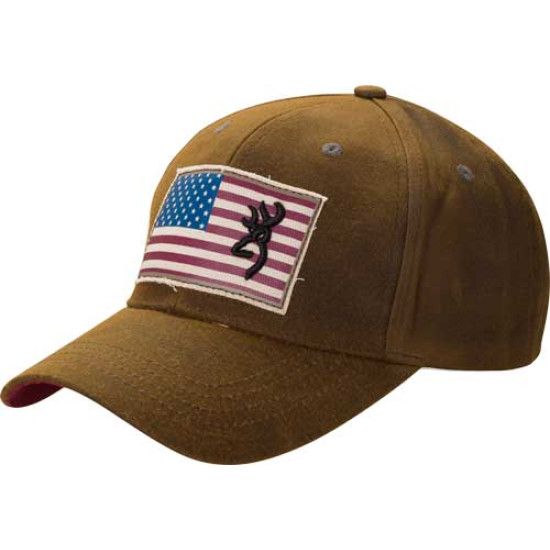 Browning Cap Liberty Wax Flag Buck Mark Logo Dark Brown Adj, 308776881, 023614460893