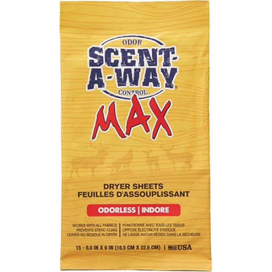 HS Dryer Sheets Scent-A-Way Max Oderless 6.5"X9" 15Pk, HS-07707, 021291077076