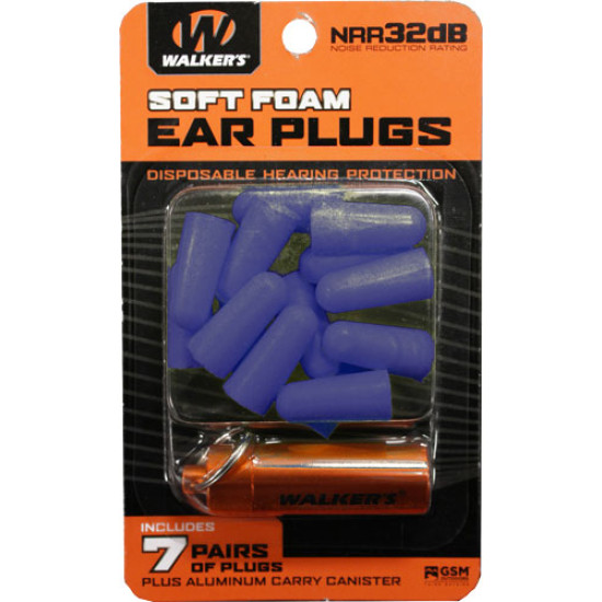 Walkers Ear Plugs Soft Foam 32Db 7-Pair Blue W/Carry Case, GWPPLGCANYL, 888151014615