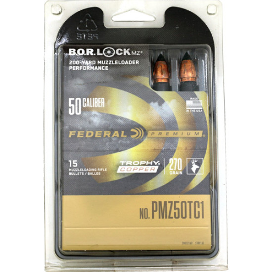 Fed .50Cal 270Gr Trophy Copper Mz W/Bor Lock Sys 15Rd 10Bx/Cs, PMZ50TC1, 029465029999