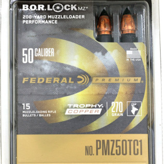 Fed .50Cal 270Gr Trophy Copper Mz W/Bor Lock Sys 15Rd 10Bx/Cs, PMZ50TC1, 029465029999